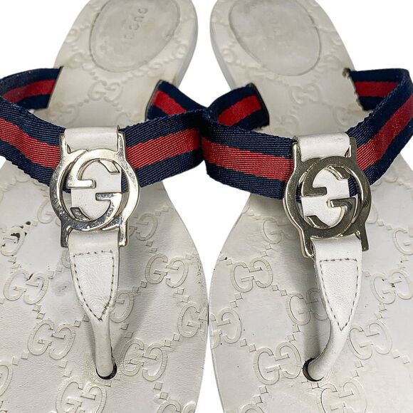 Gucci GG Web Stripe Thong Sandals EU 38.5 US 8.5 White Flip Flop Slide Flat Heel - Picture 4 of 12